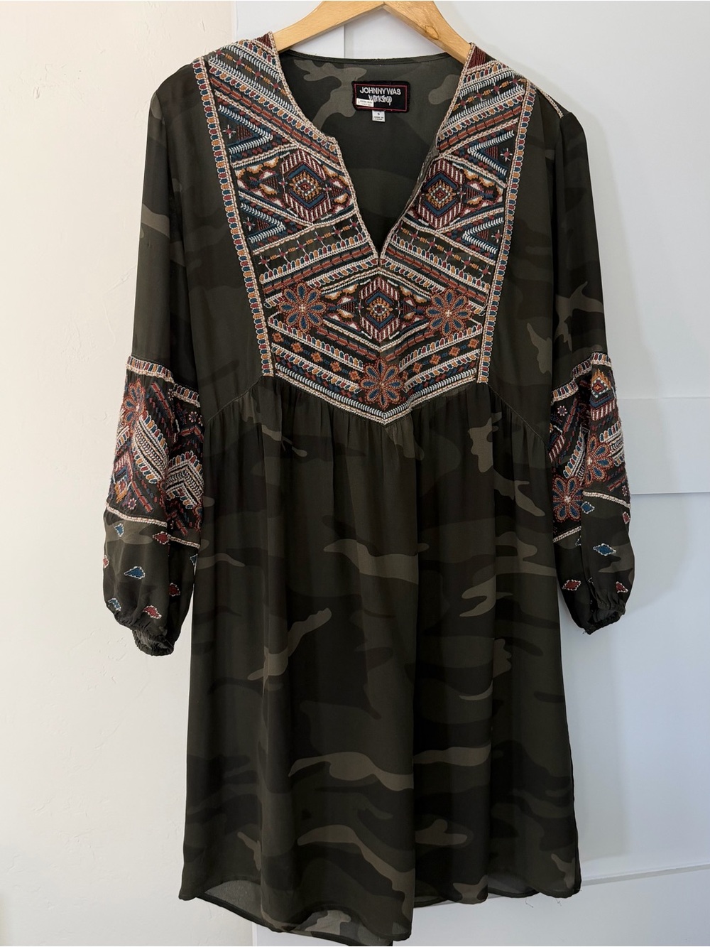 Johnny Was Workshop Camo Embroidered Peasant Boho Tunic Dress Small